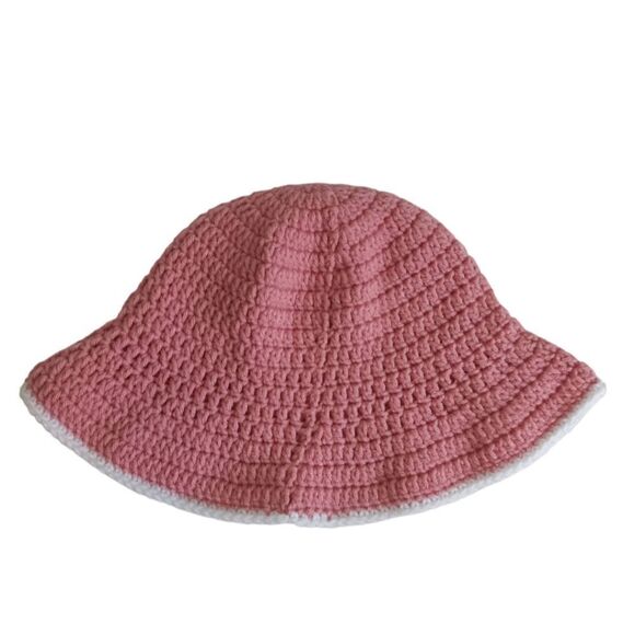 Cosmetic Pink with White Trim Handmade Acrylic Crocheted Summer Sun Hat One Size - Picture 2 of 12